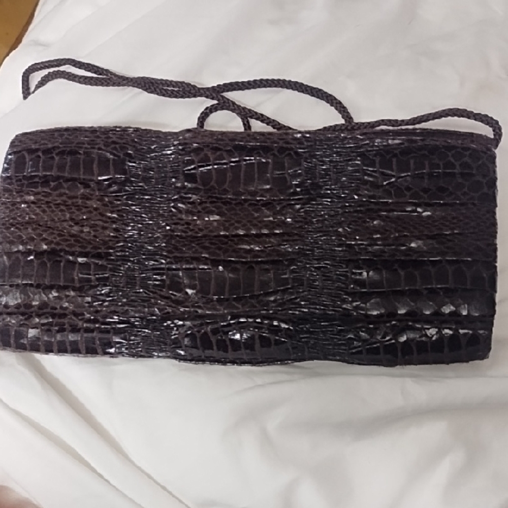 La Regale Dark Brown Crocodile Pattern Clutch
